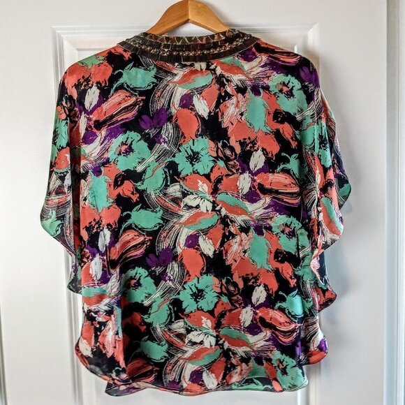 Bebe Metal Embellished Flutter Sleeve Silk Top - Picture 2 of 7